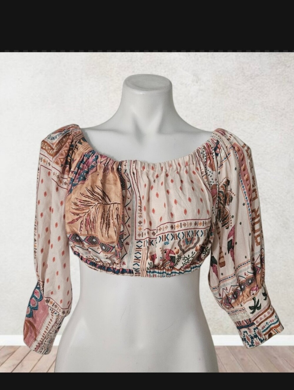 Garagw Boho Printed Off-Shoulder Crop Top - Pink Multi Size M